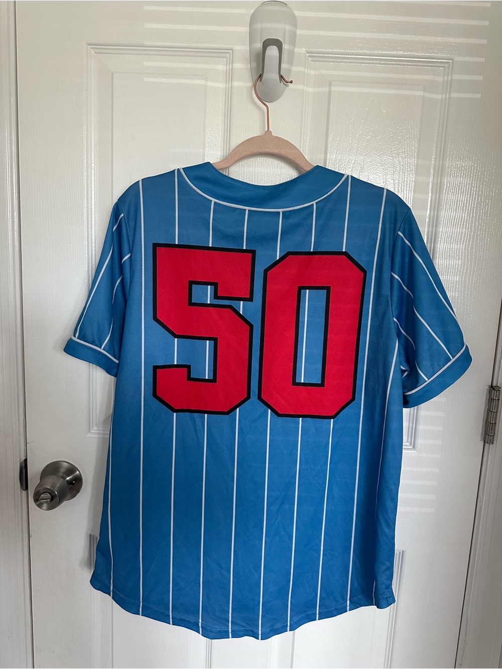 Blue Pinstripe Women's Jersey with Red Number 50